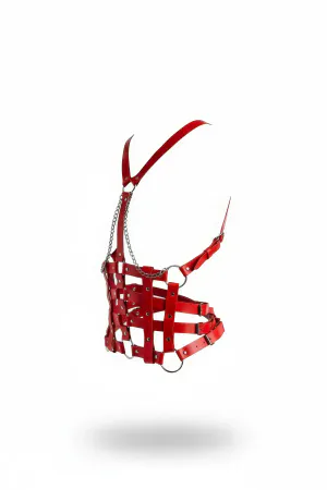 Red Faux Leather Caged Body Harness Women Silver Chains O-Rings Side View
