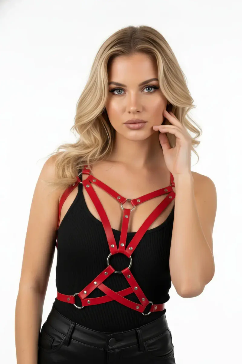 Red Women's Belt Metal Ring Detailed Body Accessory - APFT107