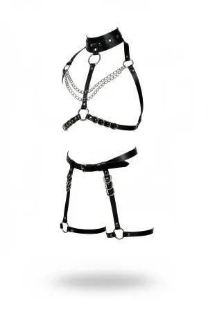 Black Harness Suit with Chain and Ring Detailed Neck Collar - APFT1081