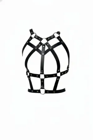 Caged Faux Leather Body Harness Black Multi-Strap with Silver O-Ring and Rivet Details Fashion Accessory