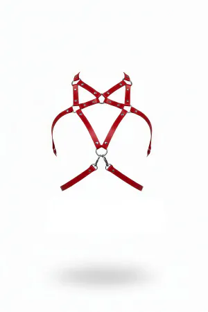 Red Faux Leather Star Chest Harness with Silver O-Rings and Clasps