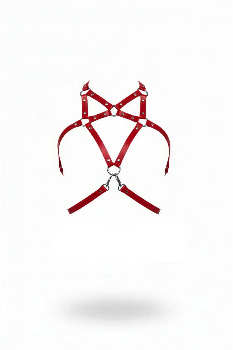 Red Vegan Leather Star Harness Front View Adjustable