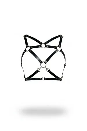 Black Faux Leather Chest Harness with X-Cross Straps and Central Silver O-Ring