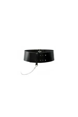 Black Faux Leather Wide Waist Harness with Silver Draped Chain Front View
