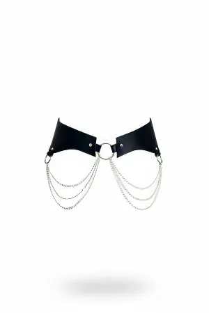 Black Faux Leather Hip Harness with Wide Band, Central O-Ring, and Cascading Silver Chains