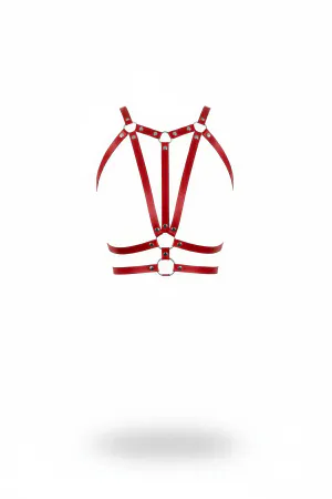 Red Faux Leather Caged Underbust Chest Harness with Silver O-Rings