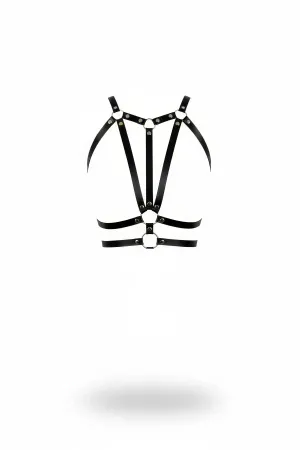 Black Faux Leather Caged Body Harness Women Adjustable Straps Silver O-Rings
