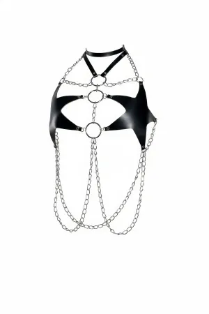 Black Faux Leather Body Harness with Integrated Choker, Three Silver O-Rings, and Cascading Chains