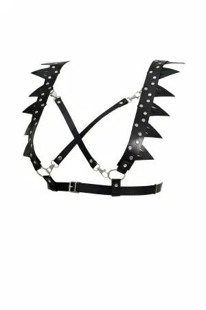 Black Faux Leather Spiked Shoulder Harness Bra with Silver Studs