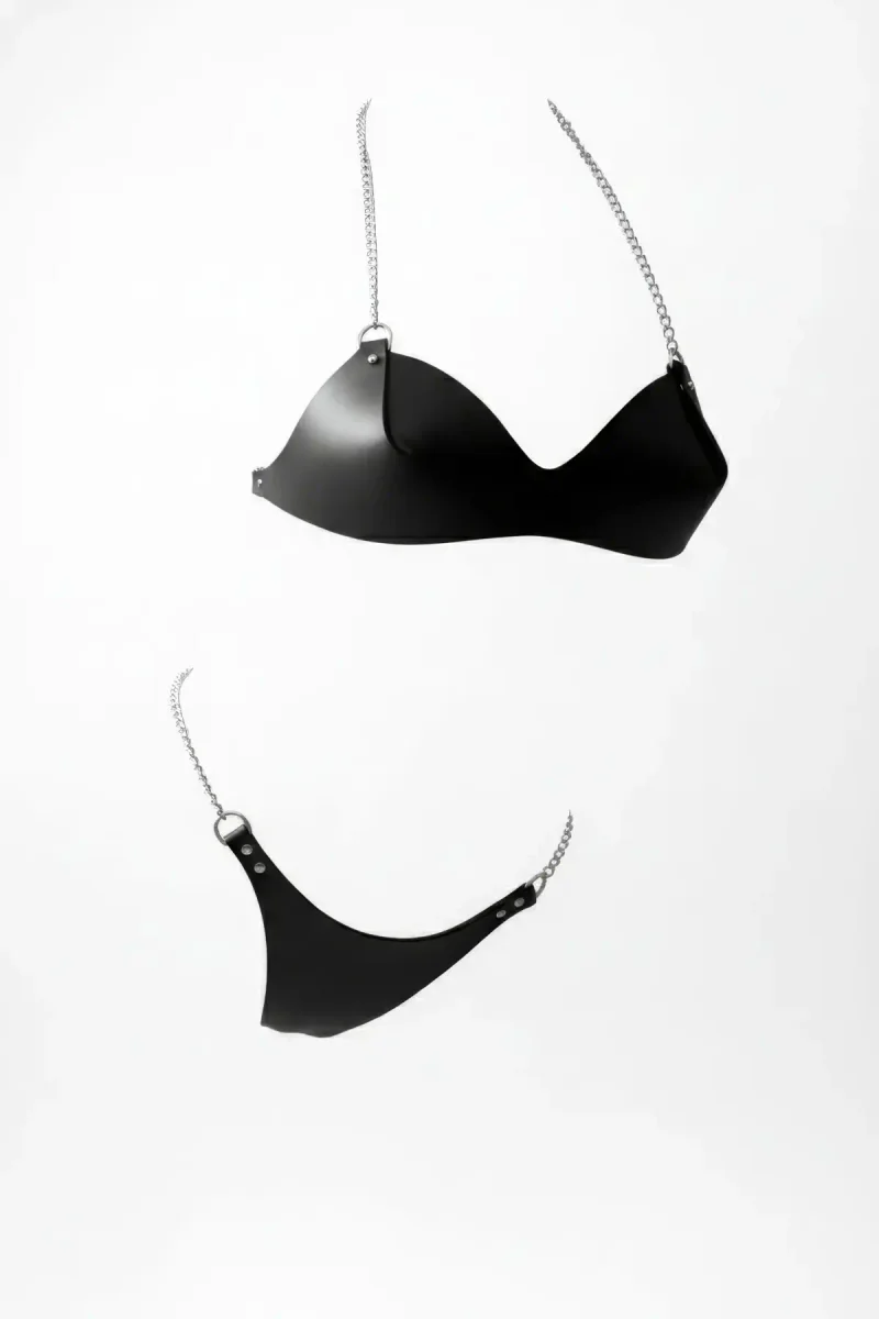 Black Faux Leather Bra & Thong Harness Set with Silver Chain Straps
