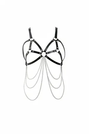 Black Chest Harness Chain Detailed Leather Body Accessory - APFT1175