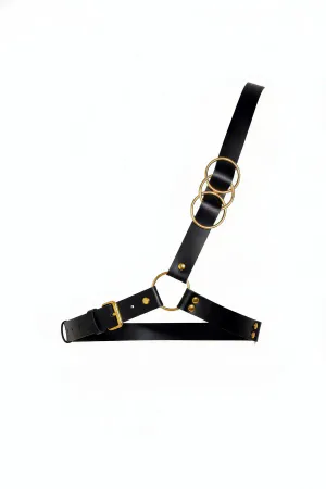 Black Faux Leather Body Harness with Triple Gold O-Rings and Gold Buckle