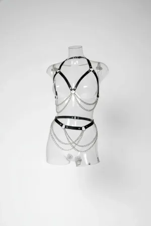 Black Harness Set Metal Ring Accessory with Chain Detail - APFT1195