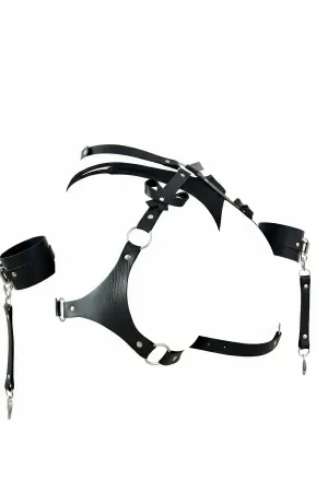 Black Faux Leather Body Harness Set with Bows and Wrist Cuffs