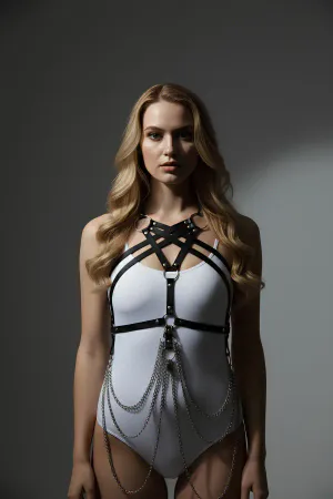 Black Faux Leather Full Body Harness with Cross Chest Design and Draped Chains