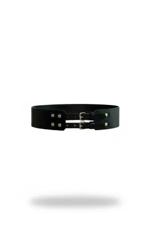 Black Faux Leather Wide Waist Corset Belt with Double Silver Buckles
