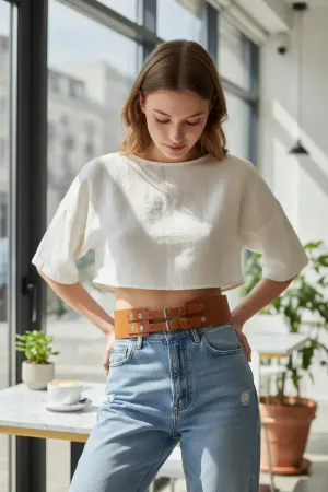 Tan Wide Waist Belt Faux Leather Triple Buckle Front Detail Worn on Model with Jeans