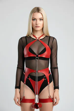 Red Harness Suit Faux Leather Body Belt with Chain Detail - APFT1219