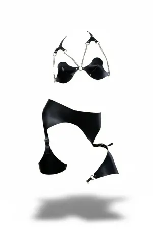 Black Harness Set with Chain Detail Faux Leather Bralette Set - APFT1220
