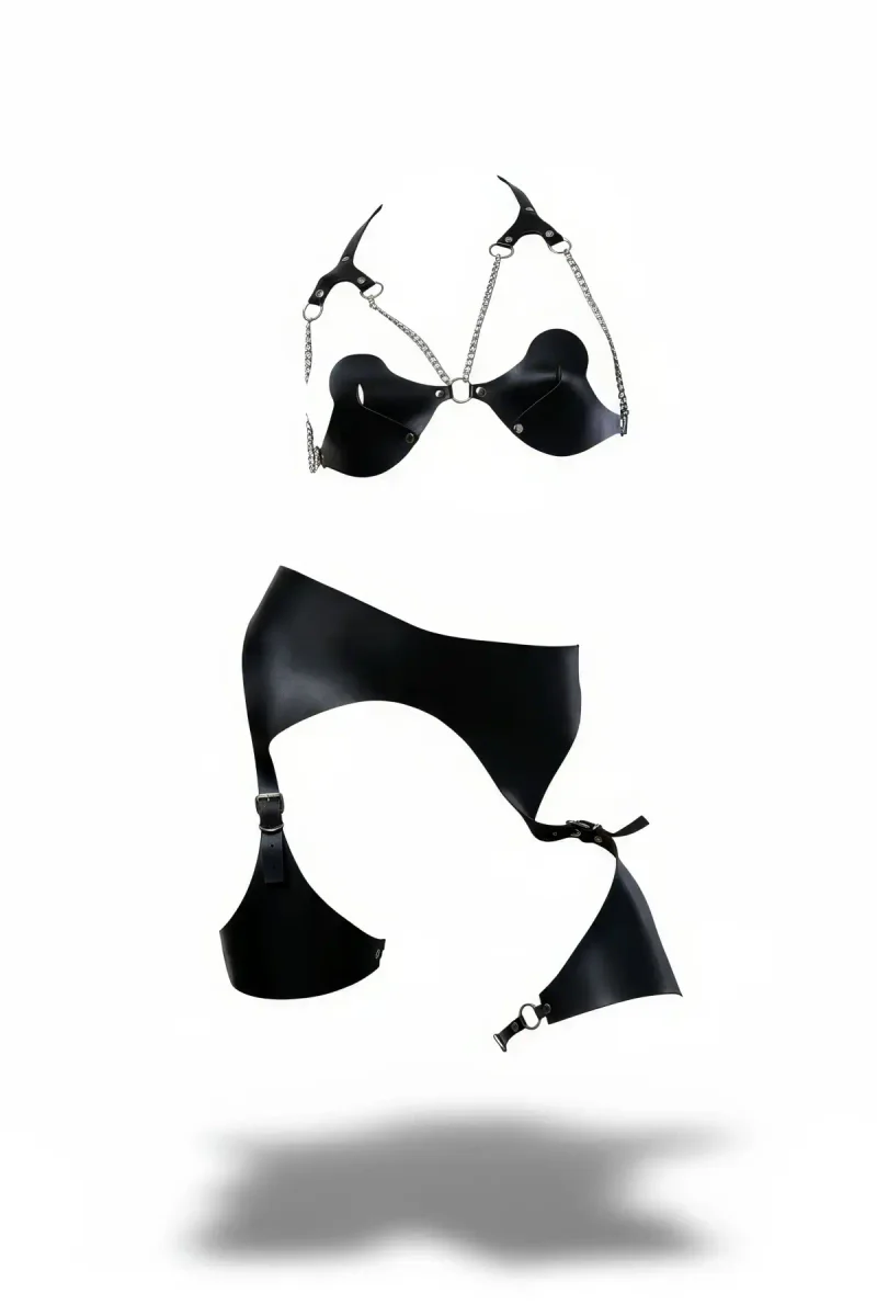 Black Faux Leather Harness Bra and Garter Belt Set with Silver Chains