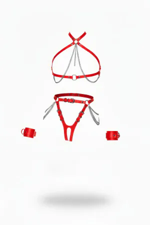 Red Harness Suit Chain Detailed 4 Piece Body Set - APFT1224