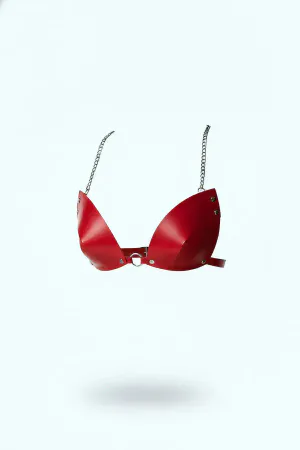 Red Chest Harness Shiny Leather Conical Cap with Chain Detail - APFT1227