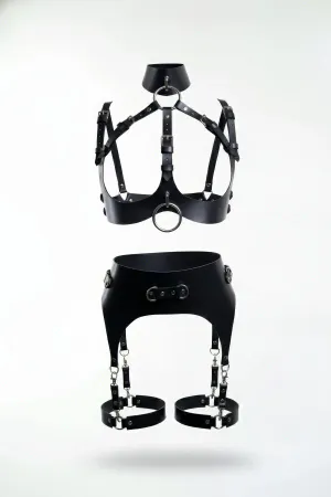 Black Harness Set with Leather O-Ring Detail - APFT1231