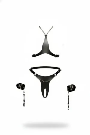 Black Harness Suit with Leather Chain Detail 4 Piece - APFT1232