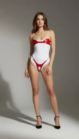 White Vinyl Bodysuit with Red Bow Chest Harness and Hip Rings