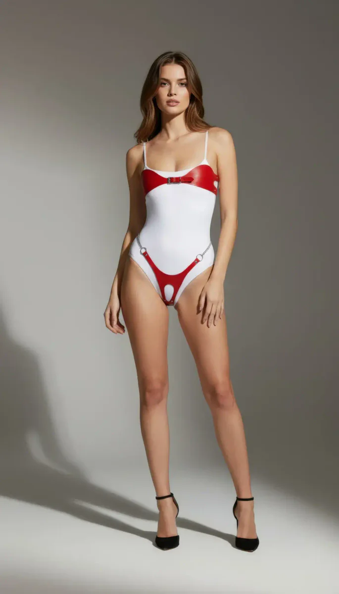 Vinyl Bodysuit with Red