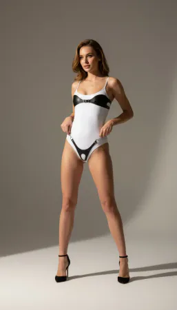 White and Black Faux Leather Bodysuit with Silver O-Rings
