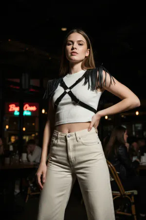 Black Fringed Shoulder Body Harness Faux Leather Front View Fashion Accessory
