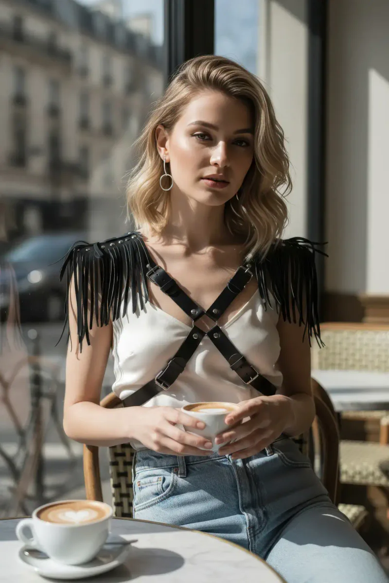 Close-up of black faux leather fringe