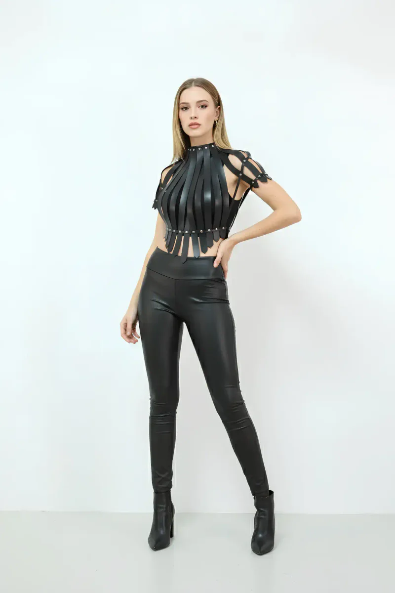 Faux leather studded black crop top