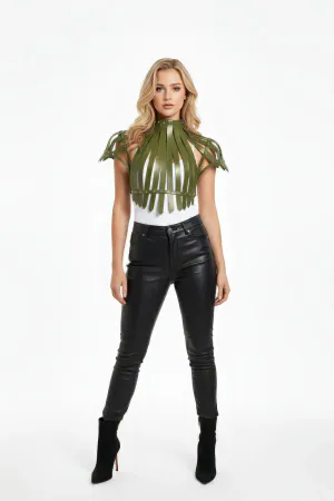 Khaki Women's Belt Leather Studded High Collar Corset - APFT1257