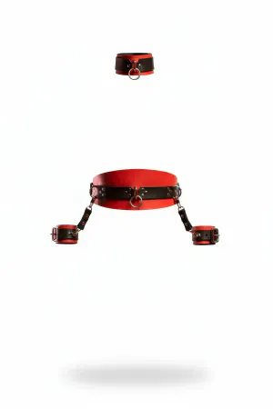 Red Faux Leather Waist Harness Set Black Straps Silver O-Rings
