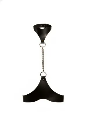 Black Faux Leather Collar-to-Underbust Chain Harness Silver Hardware
