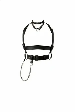 Black Faux Leather Body Harness for Women with Integrated Choker, Silver O-Rings, and Detachable Waist Chain