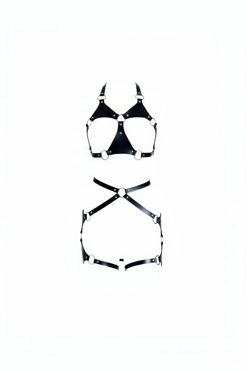 Black Faux Leather O-Ring Caged Harness Set with Halter Neck