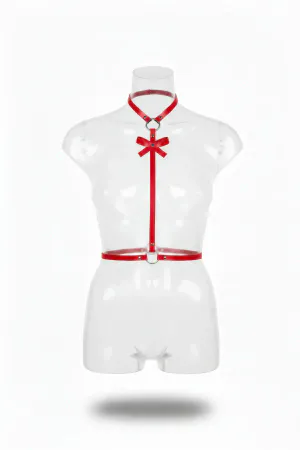 Red Faux Leather Body Harness with Prominent Bow Accent and Choker O-Ring Detail Front View