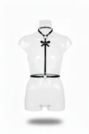 Black Faux Leather Bow Choker-to-Waist Harness Women Adjustable Straps Silver Hardware