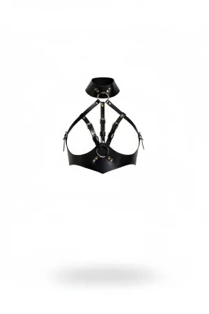 Faux Leather Harness Bra Black Caged Chest Harness with Integrated Choker Collar and Silver O-Rings
