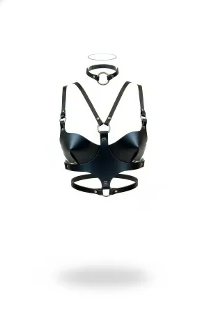Black Faux Leather Bra Harness O-Ring Choker Set Adjustable Straps