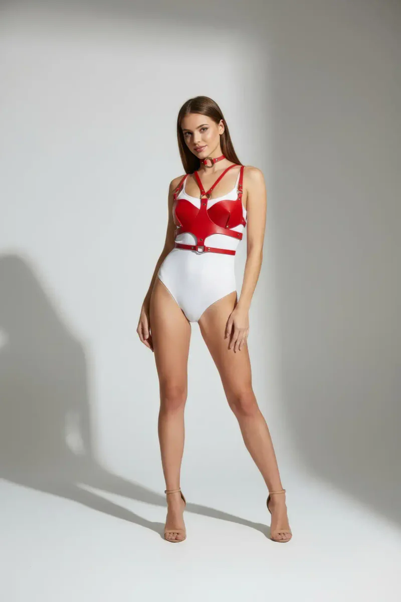 Red Vegan Leather Overbust Harness Front View