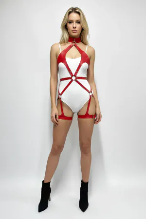 Red Harness Suit Leather Look Body Belt with Neck Collar - APFT1331