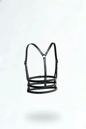 Black Vegan Leather Underbust Cage Harness Women Adjustable Multi-Straps