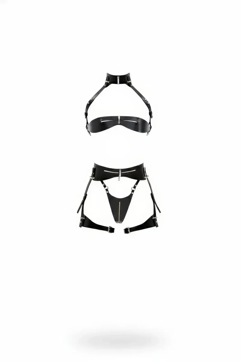 Black Vegan Leather Garter Harness Bralette Set with Halter Neck and Front Zipper Details, Silver Hardware