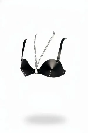 Black Chest Harness Faux Leather Staple Detailed Chain - APFT1380