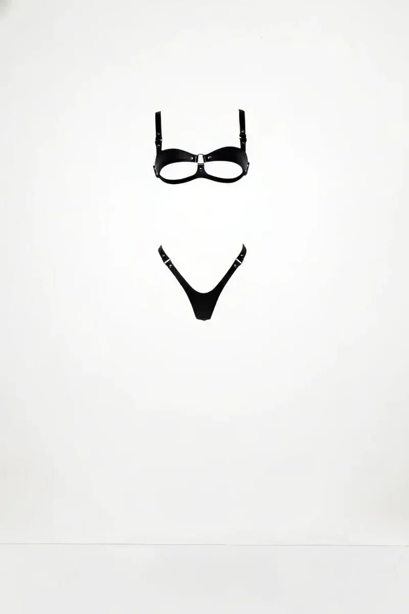 Black Faux Leather Open-Cup Harness Bra and Thong Set with O-Ring Detail