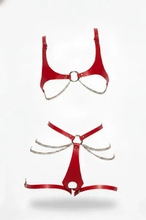 Red Harness Suit Leather Chain Detailed Body Accessory - APFT1384